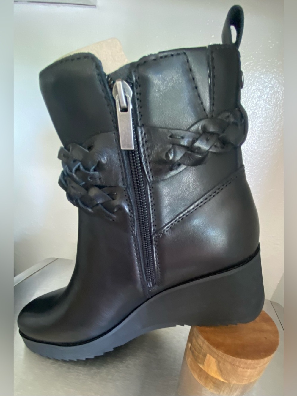 NEW-EARTH WOMENS LEATHER WEDGE ZIP UP ANKLE BOOTS WITH BRAIDED STRAP - Picture 14 of 16